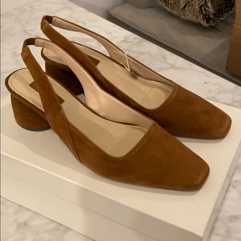 TOPSHOP Tan suede slingback block heels sz 37 / 7
